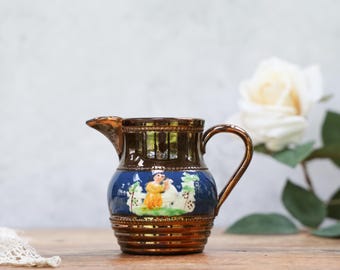 Antike Sunderland Lustreware Creamer: Blau Gelb Krug; 1820er Jahre georgisches Dekor