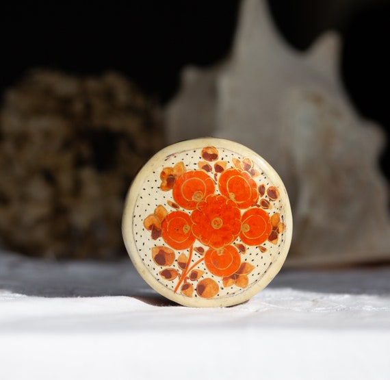 Papier-Mache Box. Orange Floral. Lidded. Lacquere… - image 1