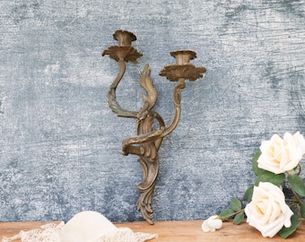 Antique Brass Plated Sconce: 2 Candles; 1800s Wall Decor