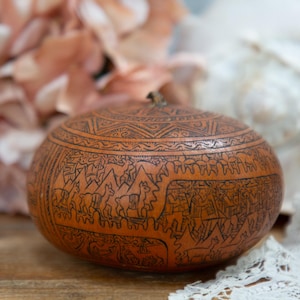 Vintage Peruvian Gourd. Hand Carving. Carved Folk Art. Orange Black. Animals People Village Scenes. South American Story Telling. C1960s