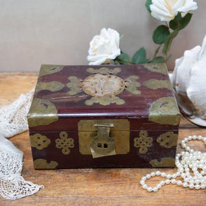 Chinese Jade Inset Box. Dark Wood. Brass Furniture Handles. Jewellery. Vintage Storage C1950s