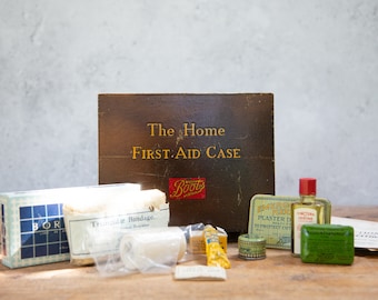 Boots Home First Aid Case. Wooden Box. Medicine Chest. Original Medicines. Bandages. Paperwork. Vintage Decor 1930s