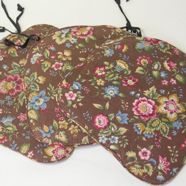 Linen Covered Foam Cushion Pads. For Wooden Kitchen Chairs. Seat Covers. Brown Red Green Blue Floral Pattern. 3 Available. C1960s.