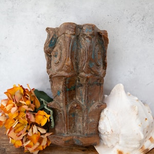 Corner Candle Holder. Wall Mounted. Indian Temple Wood. Wooden. Heavy. Turquoise Blue. Carved. Aged. Antique C1880s