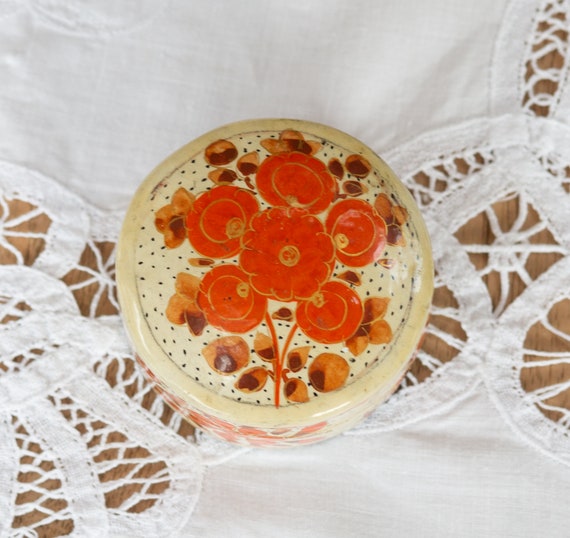 Papier-Mache Box. Orange Floral. Lidded. Lacquere… - image 4