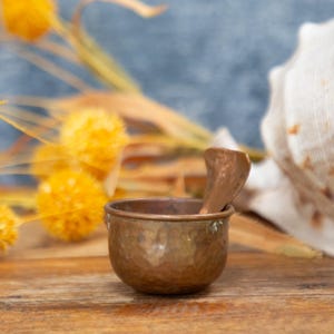Small Vintage Copper Pot & Spoon Scoop: Herbs, Salt, Seasoning