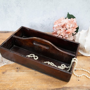 Victorian Edwardian Cutlery Tray. Dark Brown Patinated Wood. Handle. Cottons. Kitchen Bedroom Storage. Antique Decor C1890s-1910s