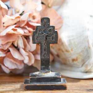 Antique Wooden Crucifix. Dark Wood. Aged Religious Icon. Jesus on the Cross. Tabletop Shelf. C1900