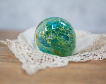 Round Glass Paperweight. Small. Ornament. Cobweb. Sea-like Swirling Pattern. Green Blue Yellow. Vintage Circa 1980s. 1990s