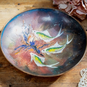Enamel on Copper Bowl. Tropical Fish Pattern. Orange White Green Black. Enamelled Storage Dish. Pretty Vintage Kitchen Decor C1950s. 1960s.