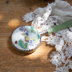 Pretty Handheld Mirror. Jade Handle. Hand Painted Porcelain Back Plate. Silver Metal. Chinese Vintage C1930s. 1940s