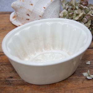 May include: White ceramic mold with fluted sides, designed for making jellies or desserts. The mold has a slightly off-white color and shows signs of age.
