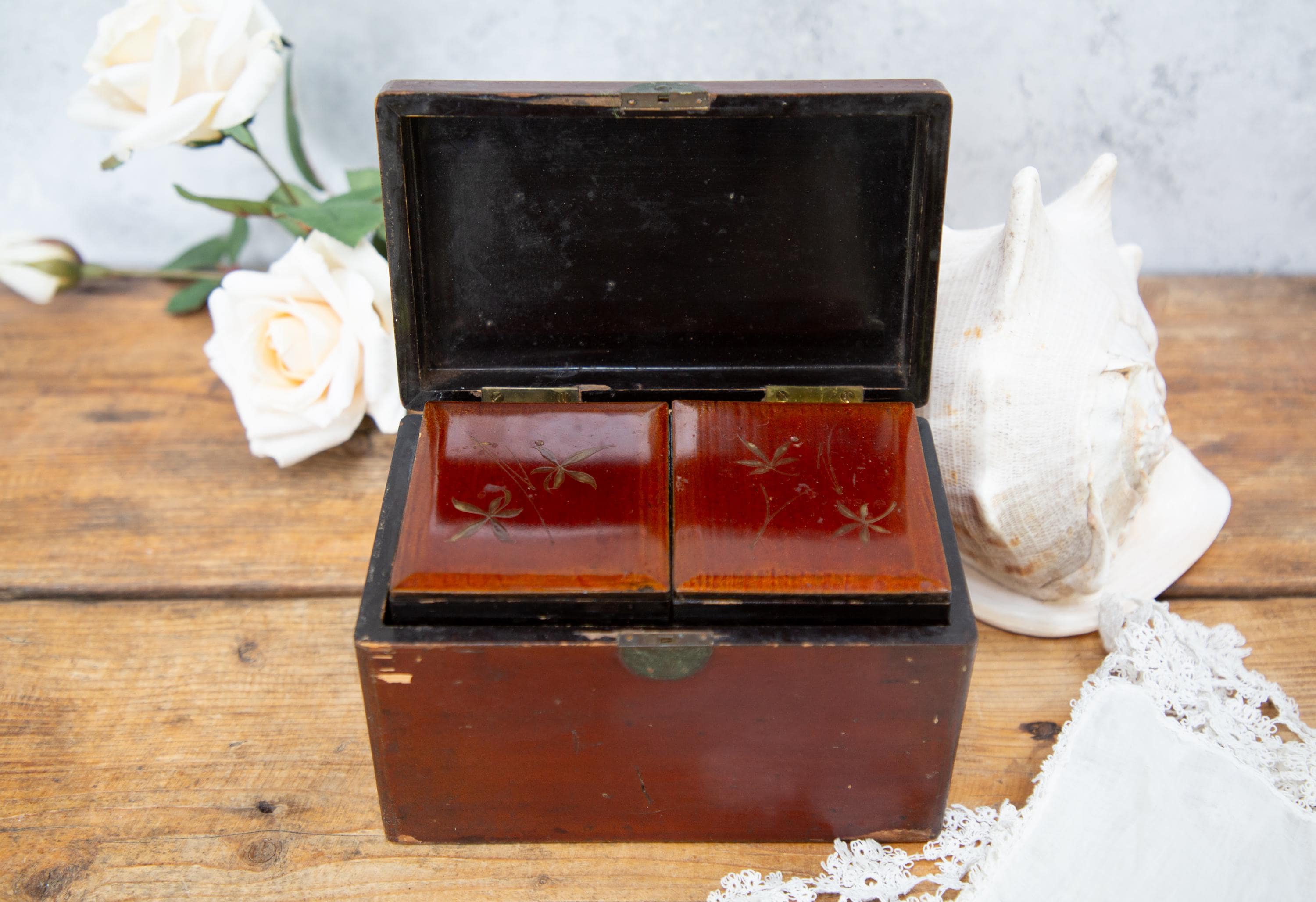 Antique Japanese Lacquered Tea Caddy: Maroon Red Wood, 1880s