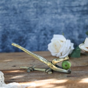 May include: A brass nutcracker shaped like an alligator with a textured, scaled body and an open jaw holding a single green nut. The metal tool features a long, levered handle and a base with four small feet, showcasing a metallic gold finish.