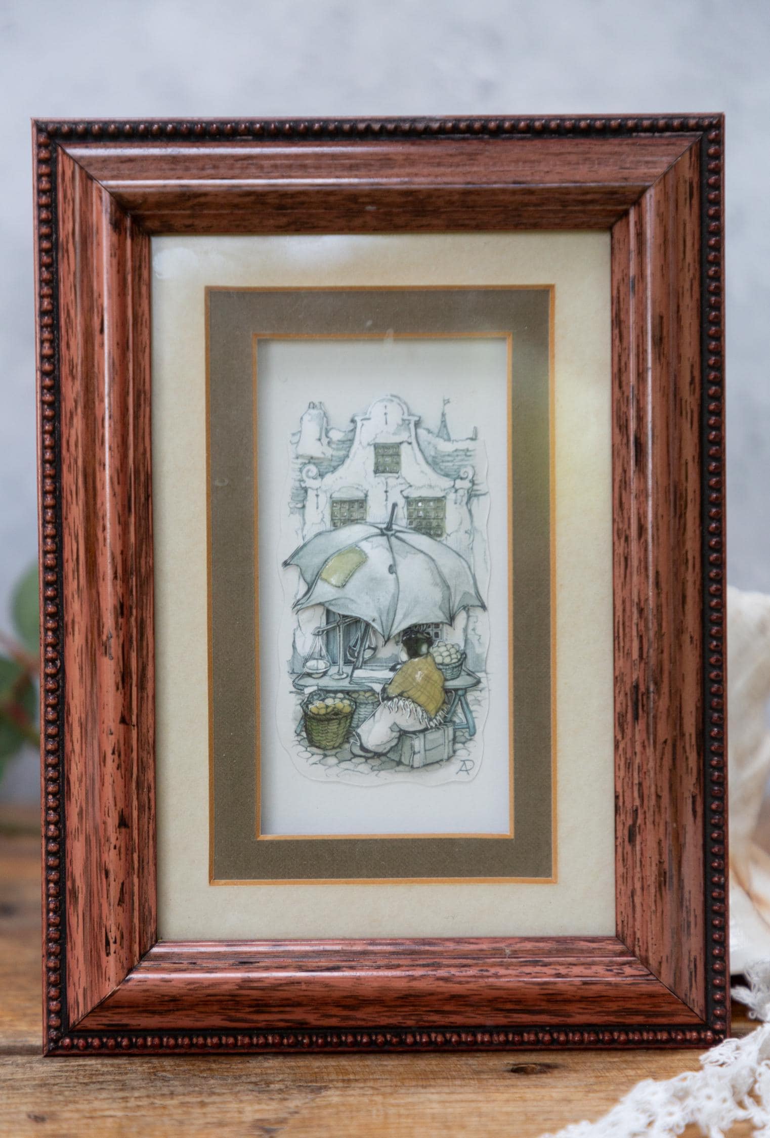 Anton Pieck Market Day Decoupage Art, 3D Peach Brown Frame