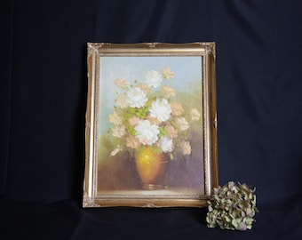 Vintage Floral Oil Painting by Robert Cox in Gilt Frame