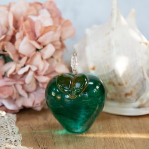 Pear Glass Paperweight. Fruit. Blue Green. Orange Leaf. Ornament. Vintage Circa 1980s. 1990s