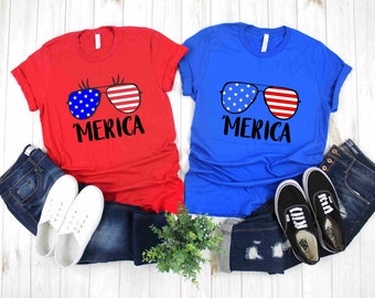 Merica Patriotic Shirt, Red white and Blue Sunglasses, Independence Day, July 4th, 3 Color Options
