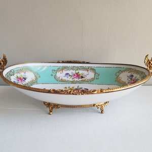 Antique Limoges Ormolu Footed Centerpiece Bowl with Brass Handles, T. Limoges France, French Porcelain, Made in France, Antique Home Decor