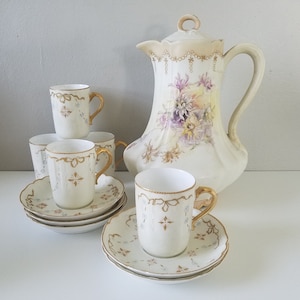 Antique Limoges (c.1876) Chocolate Pot with Demitasse Teacups and Saucers Set, Haviland & Co, Hand-painted Antique Porcelain, Made in France
