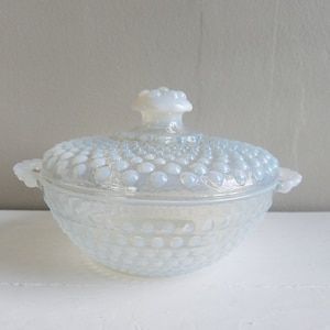 Vintage Anchor Hocking 'Moonstone Clear Opalescent' Candy Jar & Lid, Hobnail Pattern,  White Opalescent Glass, White Hobnail Pattern, 1930's