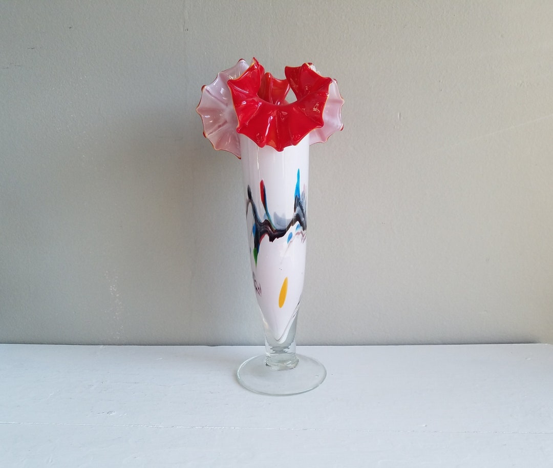 Vintage Ruffled Art Glass Vase, Vintage Murano Glass, Tall Flower Vase
