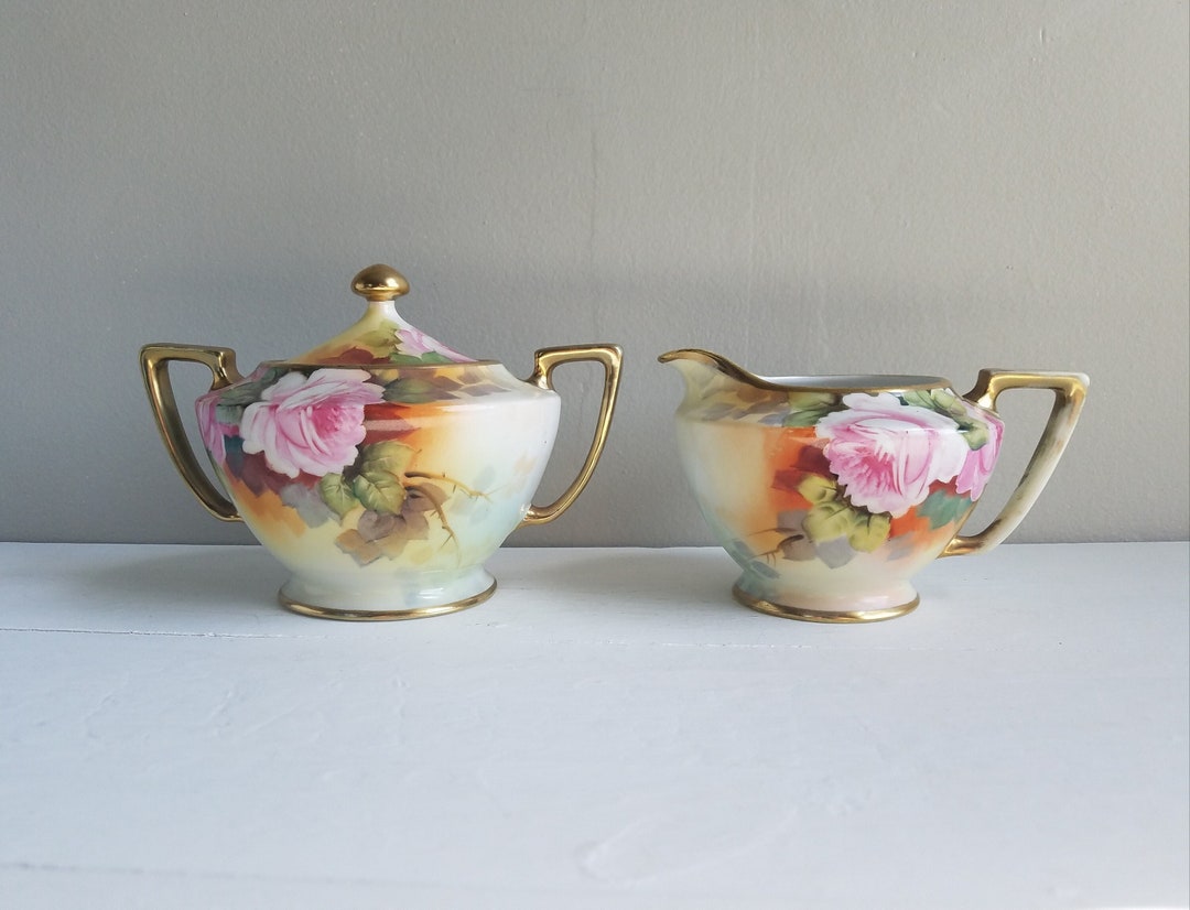 Antique Handpainted Nippon Creamer and Sugar Set, Antique Handpainted
