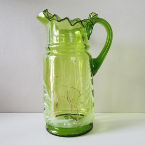 Antique Bohemian &#39;Mary Gregory&#39; Style Green Glass Ruffled Pitcher, Antique Glass Pitcher, Antique Glass, Collectible Glass, Ruffled Glass