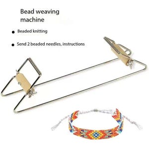 May include: A bead weaving machine with a beaded bracelet. The machine is made of metal and wood, with the text "Bead weaving machine" and bullet points that read "Beaded knitting" and "Send 2 beaded needles, instructions". The bracelet is multi-colored.