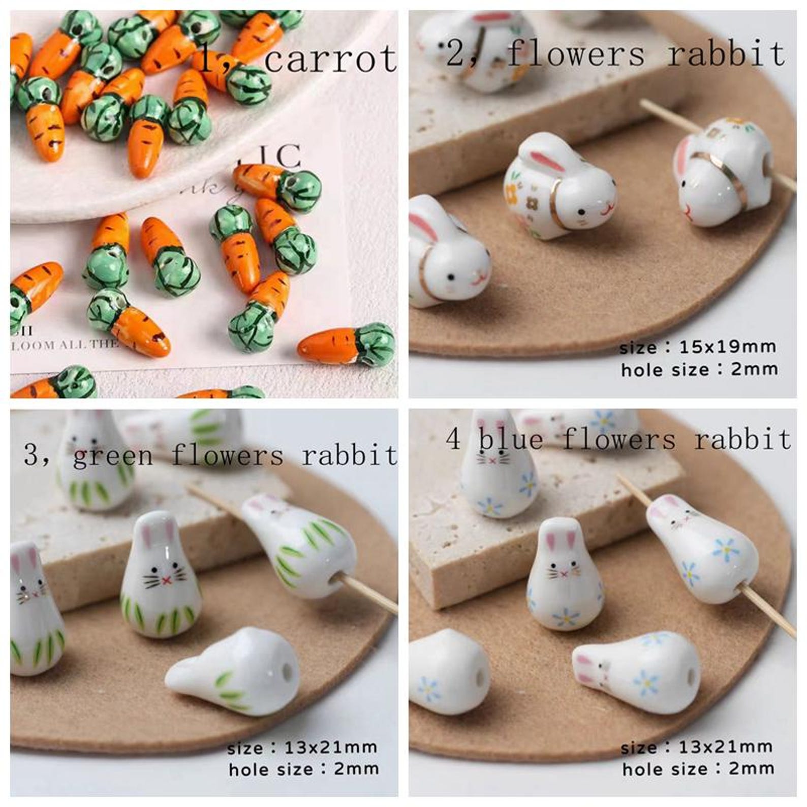 All About Rabbits Bunnies 2PCS Ceramic Beads Charms Painted Porcelain ...