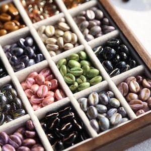 May include: A wooden organiser filled with coffee bean-shaped beads in shades of brown, green, pink, and black. The beads are arranged in separate compartments, showcasing their different colours and textures. Ideal for jewellery making.