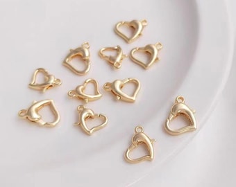 10PCS Colorfast 14K gold-filled heart lobster clasp, DIY spring ring accessories for bracelets/necklaces.