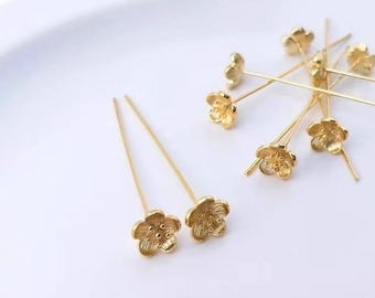 10PCS 14K gold-plated color-preserving T-pins, 9-character pins, round head pins, flat head bead pins for DIY jewelry, ear hooks.
