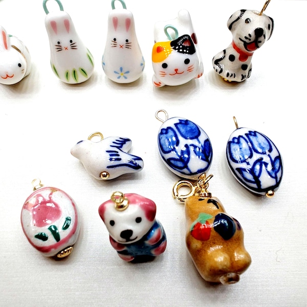 Handmade Ceramic Beads Charms Painted Porcelain Animal & Flower Designs for Vintage-Inspired Necklace Bracelet Jewelry Making