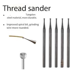 Op de afbeelding: Een set van zes draadschuurmiddelen van wolfraamstaal. De gereedschappen zijn ontworpen voor het schuren van draad en hebben een verbeterde spiraalboor voor een meer afgeronde afwerking. De tekst "Thread sander" en "Tungsten steel material, more durable." is zichtbaar in de afbeelding.
