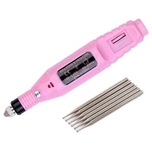 May include: Pink electric nail drill with a black handle and a clear plastic window displaying the text "MANICURE & PEDICURE CE 100-240V 50-60Hz Made in China". The drill comes with seven silver metal drill bits.