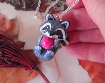 Handmade Raccoon Clay Charm Necklace: Apple Snack, Animal Jewelry