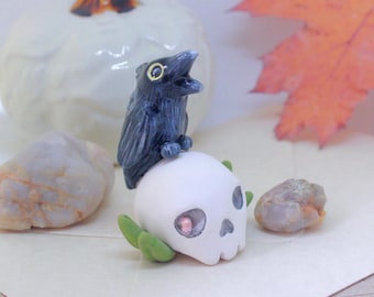 Handmade Polymer Clay Raven on Skull Figurine, Gothic Decor