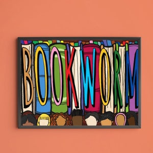Bookworm Art Print Library Book Lover Illustration Books nerd kids Teacher Education Learning 5x7 8.5x11 11x14