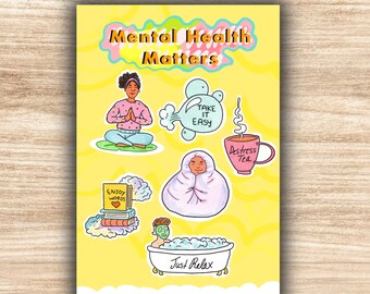 Adesivo per la cura della salute mentale, 6 fogli, diario lucido per computer portatile, pacchetto positivo, carino, rilassante, acquerello, yoga, calmante, mediazione, amore