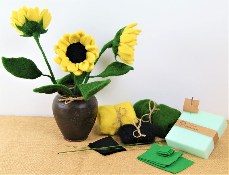 DIY 3 SUNFLOWER felt flower kit felting flower diy kit Etsy