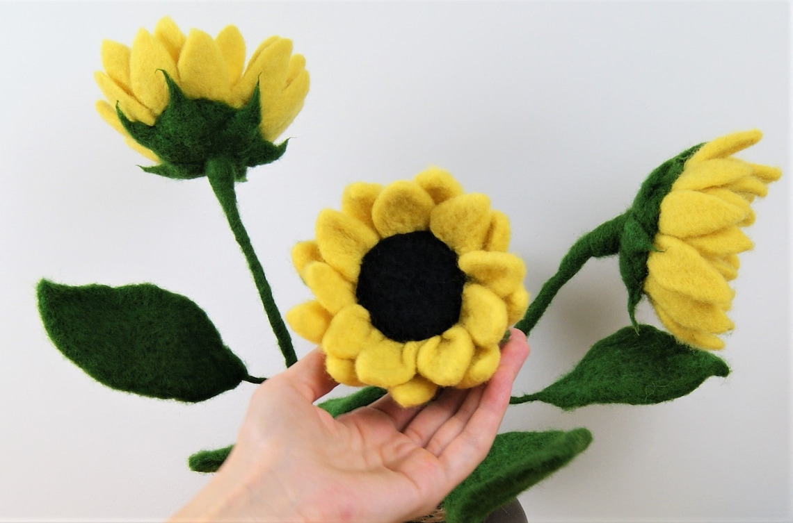 DIY 3 SUNFLOWER Felt Flower Kit Felting Flower Diy Kit Etsy