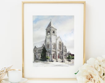 Custom Church Watercolor Wedding Gift, Wedding Illustration 10x14