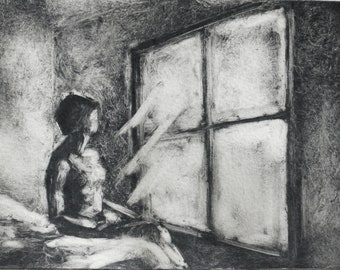 Original Monoprint by Neil Coombs 2016 Seated Woman and Frog Hand made unique print unframed Monotype Signed and Dated Orange and Black