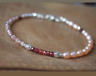 Garnet, Moonstone & Pearl Sterling Silver Bracelet: Delicate Gemstone Jewelry