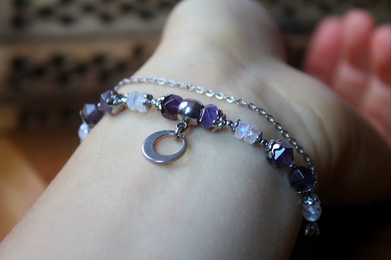 Amethyst ~ Moonstone ~ AAA Healing multi gemstone dainty bracelet perfect gift for her wedding anniversary birthday valentines gift
