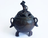 Vintage Asian Bronze Incense Burner with squirrel finial on detachable lid, Mid Century incense burner for altar or shrine
