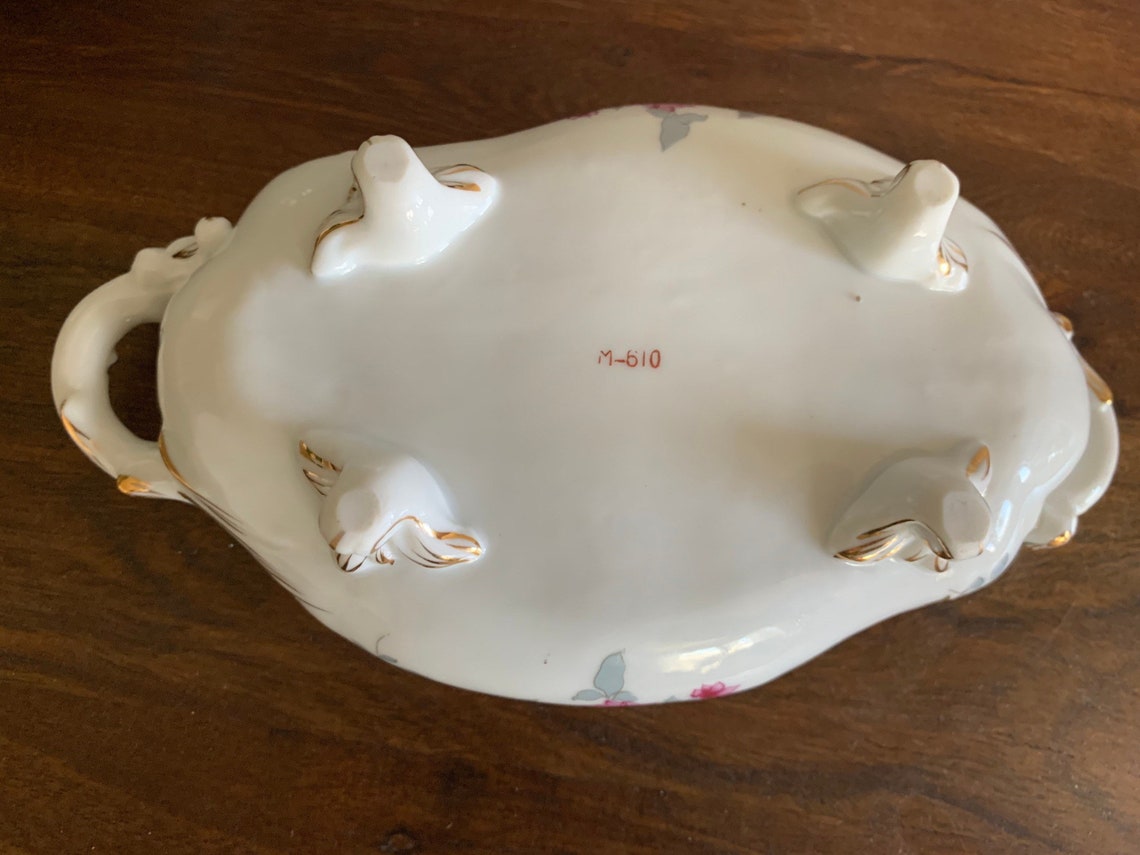 Oval Footed Porcelain Bowl With Spring Flowers and Gold Edging Etsy