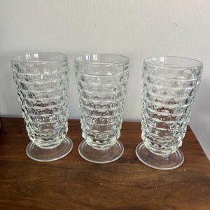 Colony Whitehall Clear Glass Water or Iced Tea Glasses Set of 3 vintage cube pattern footed water goblets Mid Century drinkware