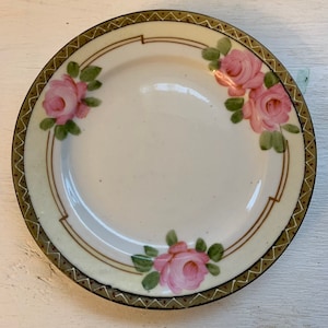 Art Deco Nippon Hand painted Roses Porcelain Dessert Salad Plate Pink Roses Art deco Style Border 6 inch porcelain plate